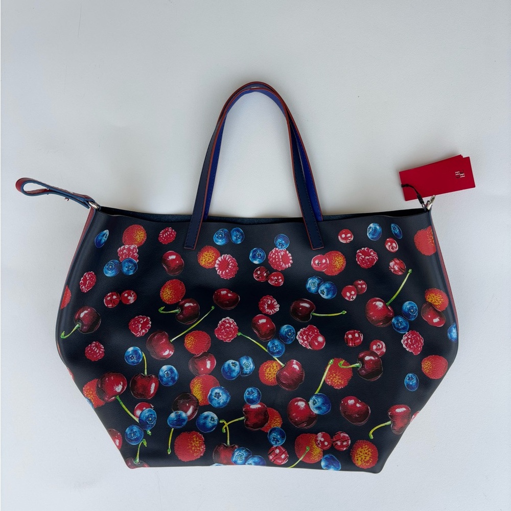 Carolina Herrera leather black bag with Berry design red accents luxury NWT